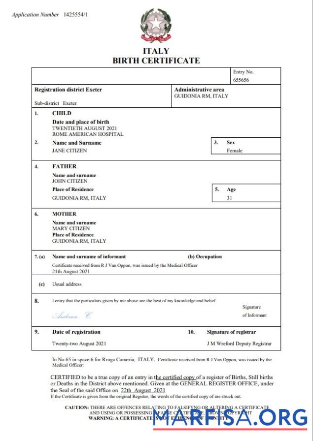Realistic Italy birth certificate Word and PDF template, completely editable